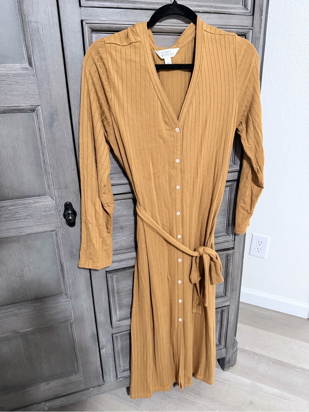 Market & Spruce Mustard Ribbed Button-Front Midi Dress with Tie Waist